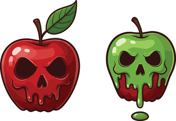 Halloween poison apples with creepy skull faces, red apple with evil skull carving, green apple with dripping toxic slime, spooky fruit illustration for horror design