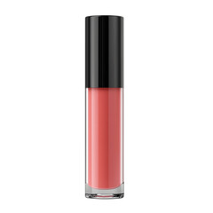 Obraz premium Clear glass tube with black cap containing coral pink lip gloss isolated on a transparent background