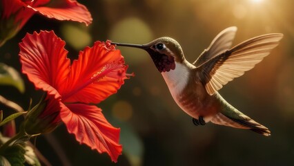 Naklejka premium Hummingbird feeding on a hibiscus flower
