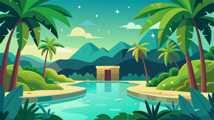Fototapeta premium A tranquil sanctuary a sparkling lagoon encircled by lush greenery and towering banana trees.