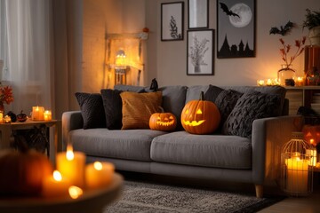 This living room is warm and inviting with Halloween decorations. Two carved pumpkins sit on the couch, surrounded by soft cushions and flickering candles, creating a festive atmosphere