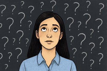 A woman gazes upward, surrounded by chalk-drawn question marks on a blackboard. She appears thoughtful, wearing a blue shirt.AI generated.