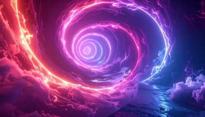 Neon spiral vortex through clouds