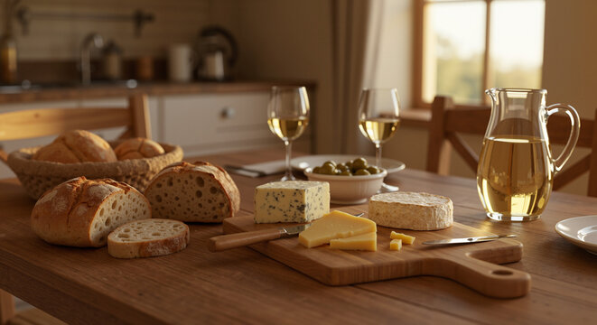 Freshly baked bread and cheese platter with wine on wooden table  