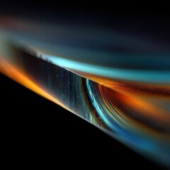 Abstract macro view of a sharp, reflective edge with vibrant orange and blue light refractions on a dark background.