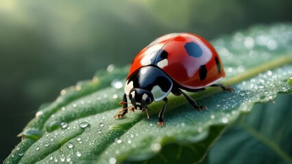 Fototapeta premium Ladybug on dewy leaf