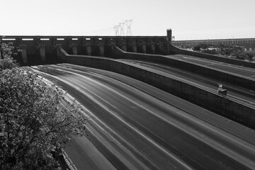Black and white image of a spillway at the Itaipu Hydroelectric Power Plant