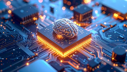An illuminated brain-shaped model sits atop a glowing circuit board, symbolizing artificial intelligence