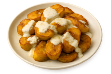 Savoury green colour banana with white sauce food indian style recipes without background 