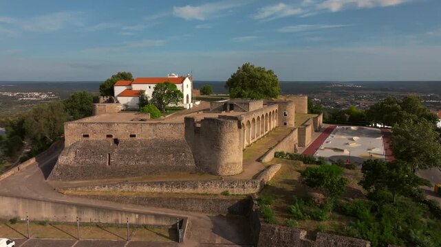 Drone Aerial View of Abrantes Castle on Hill at Sunset in Autumn, Portugal
