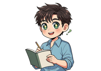 Young anime boy character holding a notebook and pen smiling joyfully isolated on transparent background