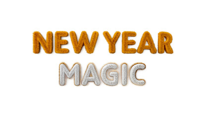 Text design featuring the words 'New Year Magic' in orange and white colors on a transparent background. Isolated PNG format for easy use.
