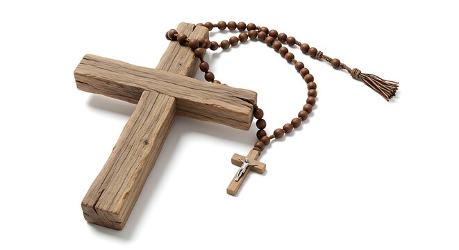 Rustic wooden cross and rosary isolated on white background