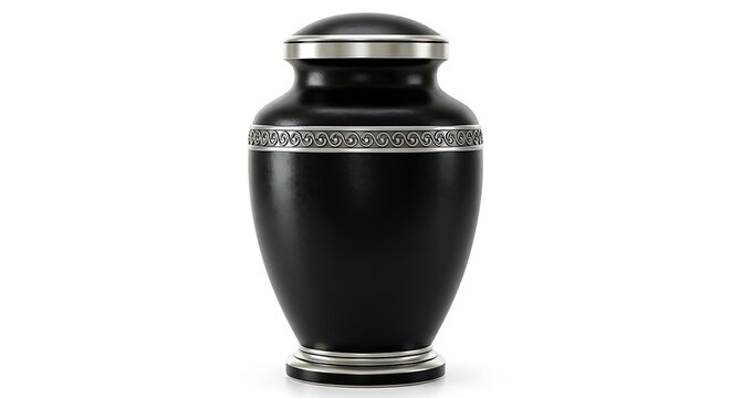 Elegant black cremation urn with silver trim isolated on white background