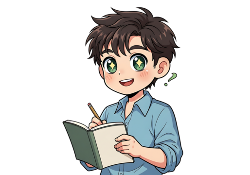 Young anime boy character holding a notebook and pen smiling joyfully isolated on transparent background