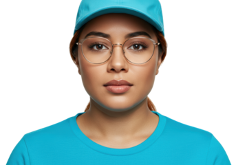 Isolated portrait of a young woman wearing glasses and a baseball cap, front view