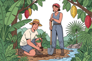 Tree planting, tropical forest, sustainable agriculture, environmental conservation, cacao farm, banana leaves, eco farming, nature care, green landscape, water stream