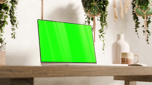 Laptop with green screen on wooden desk in boho rustic style workspace with plants &ndash; smooth animation  - wide to close up from left side. Includes chroma key, luma matte, and tracking screen clip.