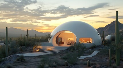 Modern geodesic dome home nestled in a desert landscape at sunset