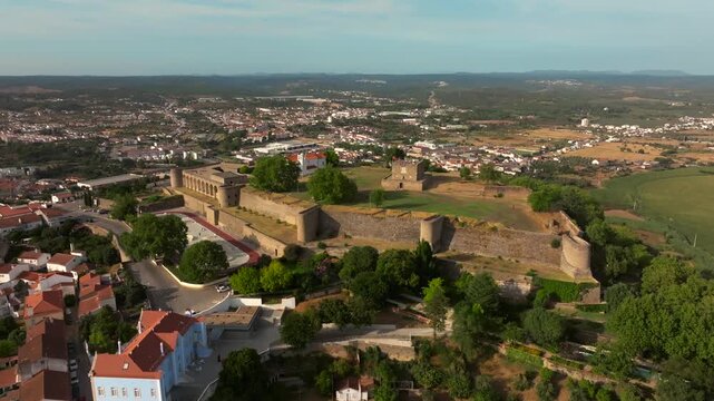 Drone Aerial View of Abrantes Castle on Hill at Sunset in Autumn, Portugal