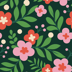 Cute floral vector seamless pattern. Delicate background with hand-drawn flowers and leaves. 
