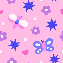 Cute vector seamless pattern with florals and moths. Hand drawn botanical illustration with whimsical colors.