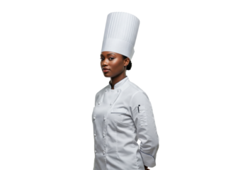 Isolated female chef portrait, woman in restaurant service with culinary uniform and hat