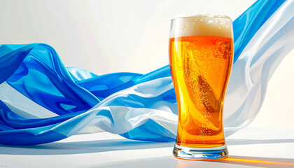 Refreshing golden beer in a clear glass, surrounded by flowing blue and white fabric, creating a vibrant and inviting atmosphere for beverage enjoyment and celebration
