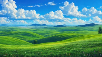 Lush green hills under a vibrant blue sky