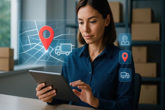 Tracking logistics operations woman using tablet to manage delivery routes office setting digital interface modern technology