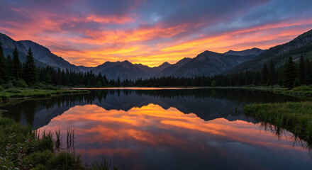 Vibrant sunset reflection over tranquil lake surrounded by mountains  