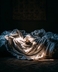 Soft Light on Crumpled Bedding in Cozy Room Atmosphere