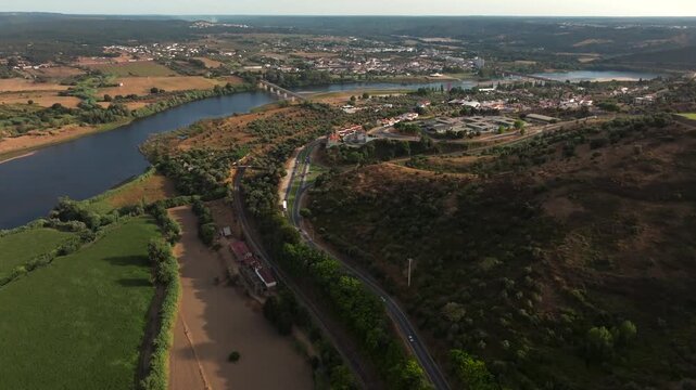 Drone Aerial View of Tagus River and Valley beneath Abrantes Hill, Portugal