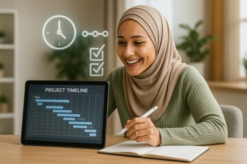 Project management action young woman analyzing timeline on tablet modern office digital content bright environment focused viewpoint