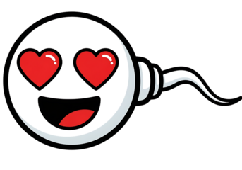 Love fertilization concept sperm cell with heart eyes and kiss lips symbolizing romance isolated on transparent background