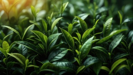 Fototapeta premium Lush tea leaves in sunlight