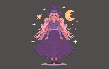 Beautiful witch illustration with pink hair, purple dress, pointed hat, surrounded by moon, stars, and magic symbols, fantasy Halloween mystical character artwork
