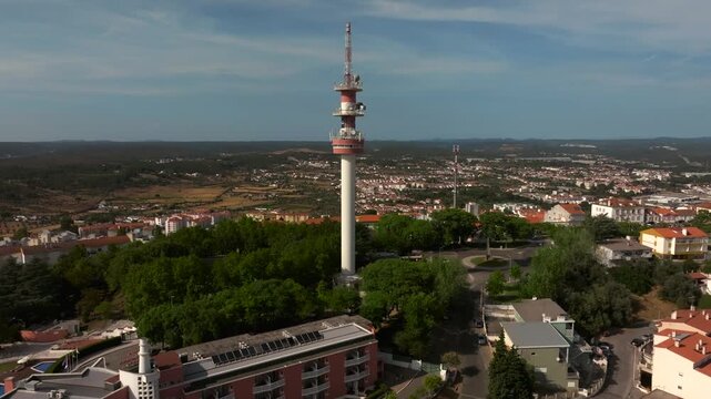 Drone Panoramic View of Abrantes Town with Telecommunication Tower, Portugal