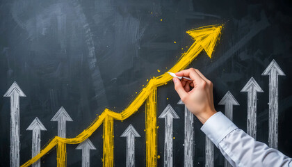 Businessman’s hand drawing large yellow arrow among multiple rising white arrows on dark chalkboard background