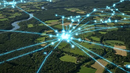 Aerial View of Land Development Network - An aerial shot showcases a network of glowing lines connecting nodes over a lush green landscape, illustrating land development planning and connectivity. - Powered by Adobe