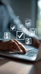 Digital Workflow Optimization: Hands on Laptop with Glowing Business Finance and Task Management Icons.