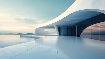 Fototapeta premium Modern architectural building with sleek curves overlooking a serene waterfront
