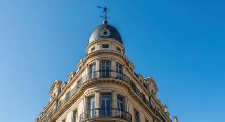 Ornate historic building with domed cupola and weather vane against clear blue sky