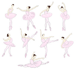 Ballerinas illustration set. Performing graceful dance movements on stage during a ballet rehearsal in soft pink tutus