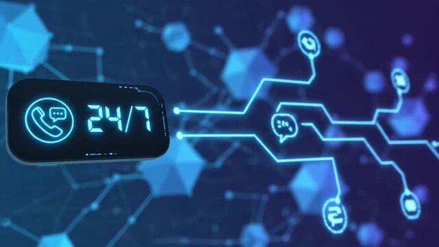 24/7 Customer Support Concept - A digital illustration showing a 24/7 clock with phone and chat icons, representing always-available customer service and support.