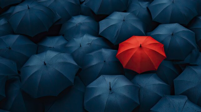 Red umbrella among many dark umbrellas