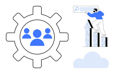 Gear with team icon symbolizes collaboration and teamwork. Person climbs bar graph with search icon. Ideal for teamwork, growth, analytics, success, productivity, career development, strategy