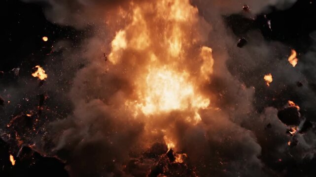 Exploding American Football in Fire - An American football explodes in a fiery blast, engulfing the ball in flames and smoke against a black background.