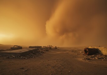 A vast, desolate landscape under a hazy, orange-tinged sky, showcasing crumbling concrete structures and remnants of rusting metal against a backdrop of a large dust cloud.