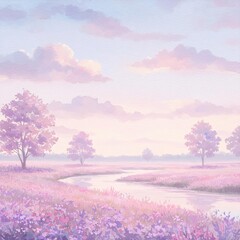 Ethereal Lavender Field River Scene Watercolor Art.